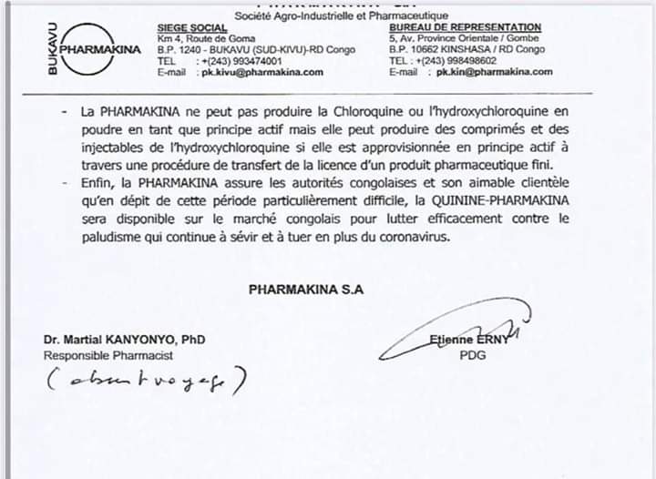 HonoreMvula1's tweet image. Covid19 
Pharmakina réagit !

La quinine a un effet plus puissant que la chloroquine , Pharmakina est prêt à mettre à la disposition des chercheurs une quantité nécessaire afin de mener des recherches sur son effet sur le covid-19. In vitro