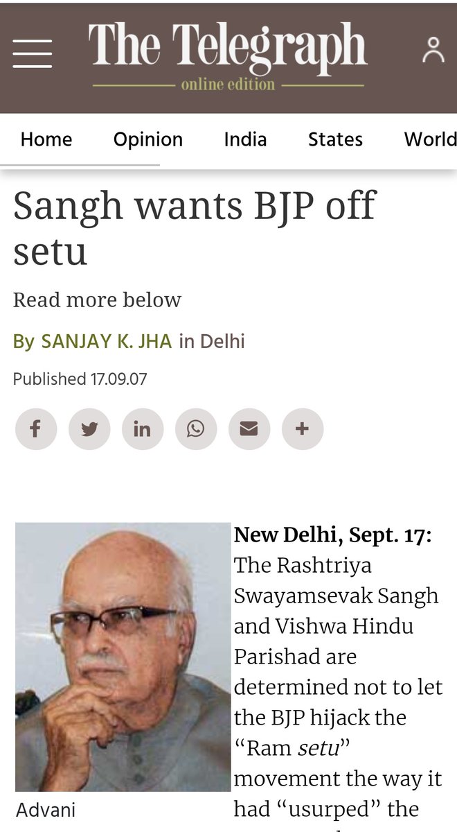 In fighting within Sangh ParivarVHP & RSS wanted to reduce BJP's involvement in Ram Setu movement, VHP wanted to revive itself & claimed that BJP hijacked VHP's Ayodhya movement.This was another classic example of Togadia & Modi rivalry, whr Togadia thought Modi would hijack.