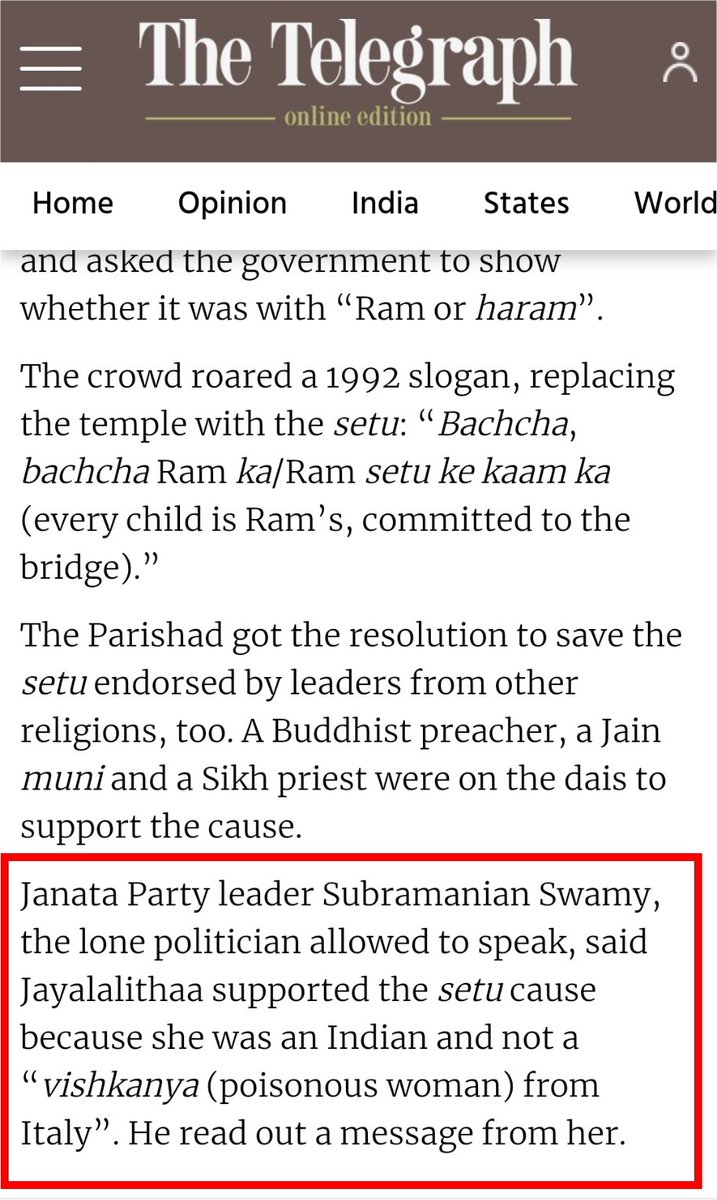 Two main leaders of BJP Advani & Modi skipped this rally, and other BJP leaders like Rajnath, Sushma, sitting BJP CM attended the rallyNow no BJP leader was invited to speak on diasOnly Swamy was allowed to speak on dias who was representing Jayalalitha https://m.telegraphindia.com/india/bjp-big-2-skip-ram-setu-rally-sadhus-sadhvis-tridents-and-slogans-recreate-92-atmosphere/cid/1567138