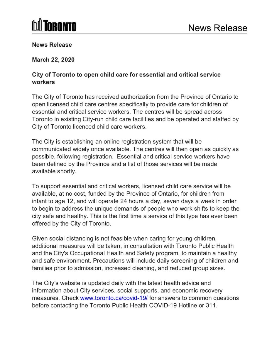 JohnTory's tweet photo. We are doing everything we can to help people get through this pandemic. In cooperation with the Province, we have been able to finalize plans to open some child care centres on a 24/7 basis for health care workers &amp; emergency responders &amp; other essential &amp; critical workers. https://t.co/jvuBDPfI2n