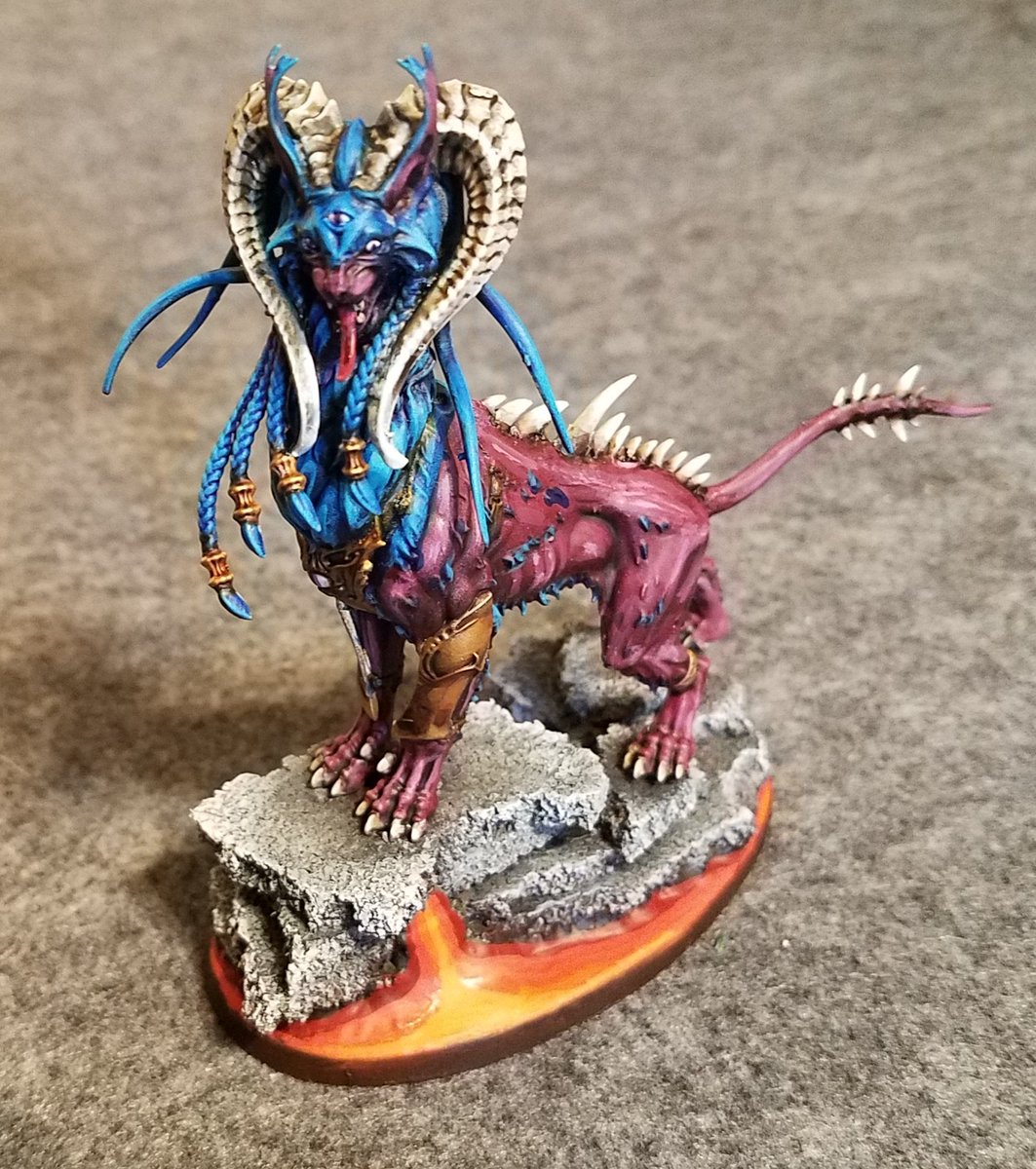 ODTGaming's tweet photo. Spikey the #sphiranx 2 days 20 colors. Screamer tail & spikes. #lavabase @Greenstuffnglue @GivenAaron @linguartisan @DarkAp0stleXXV @AoS_Shorts @AnthonyMagro @VincentKnotley @StrengthHammer_ @BenJohnson0013 @ChrisPeach001 @brushwizard @WarbossKurgan #warcry #C19painting #contrast https://t.co/DRQkfAqkwr