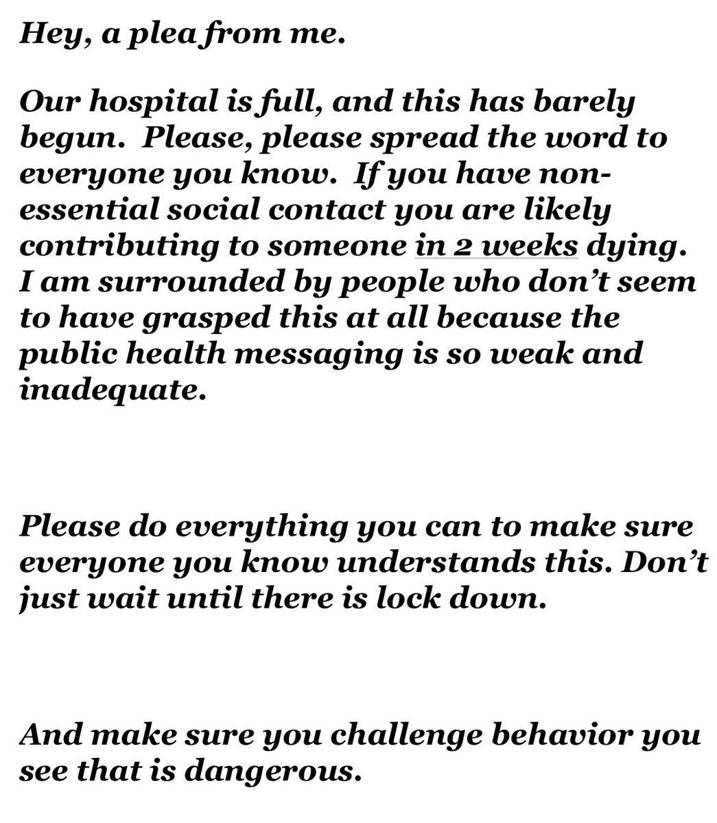 Peston's tweet photo. There are many pleas from doctors at the frontline pleading for us to keep our distance from each other to prevent the NHS collapsing and to save lives. But the importance of this cannot be stressed too much or said too often. So here is another plea from a courageous doctor https://t.co/ImLpyk98z6