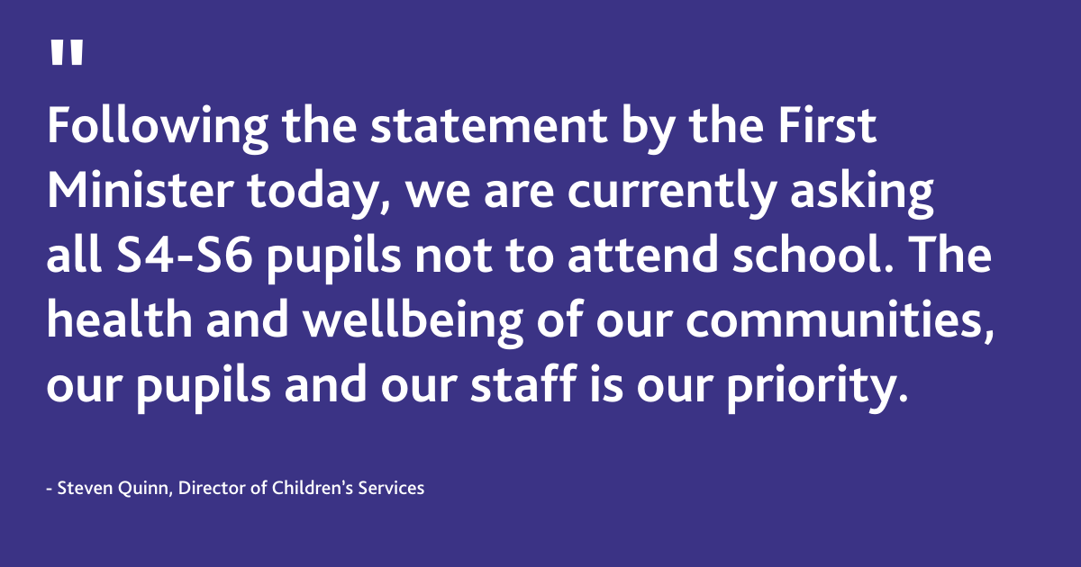 RenCouncil's tweet photo. Statement by Steven Quinn, Director of Children's Services

Following the statement by the First Minister today, we are currently asking all S4-S6 pupils not to attend school. The health and wellbeing of our communities, our pupils and our staff is our priority. https://t.co/gS3A9AVBVs
