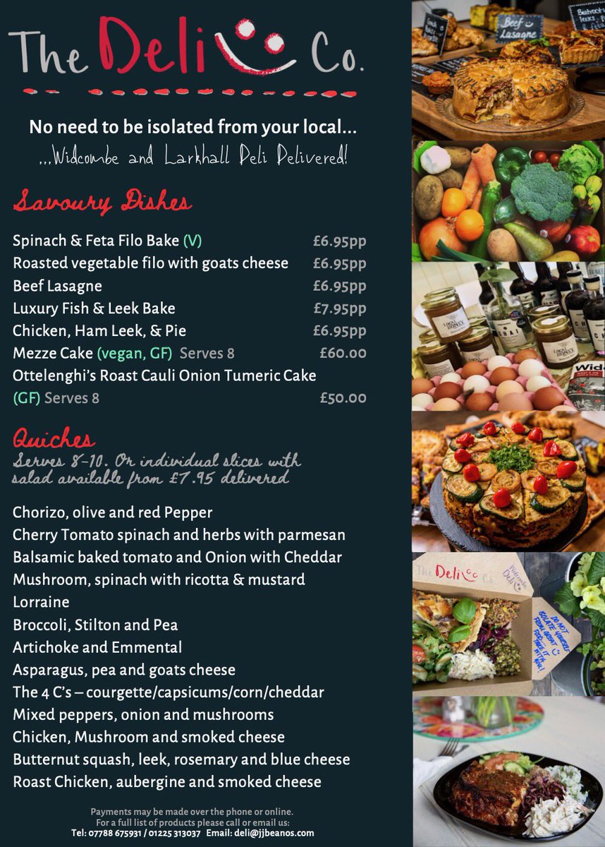 widcombedeli's tweet photo. We are open for takeaway drinks &amp; food from 9 til 3 starting Monday 23rd..tel orders for delivery or email - at Widcombe (sadly Larkhall is closed 😢 just for now...takeaway breakfasts,pastries, salad boxes, lunches, sandwiches ❣️🙏🏻 https://t.co/sXRghLbkvt