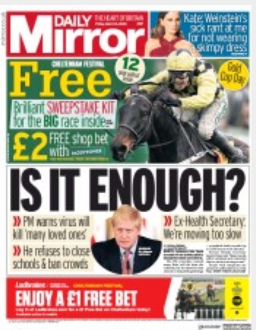 7/13March 12th Uturn. Press still asleep but TV started to worry.Letters to UKGovWeird Heard Immunity speeches. WHO complaintsThen a 180° strategy Uturn by UKGov.So 13th would be a bloodbath of scrutiny?Let's score.Mail Express Mirror  for asking a question