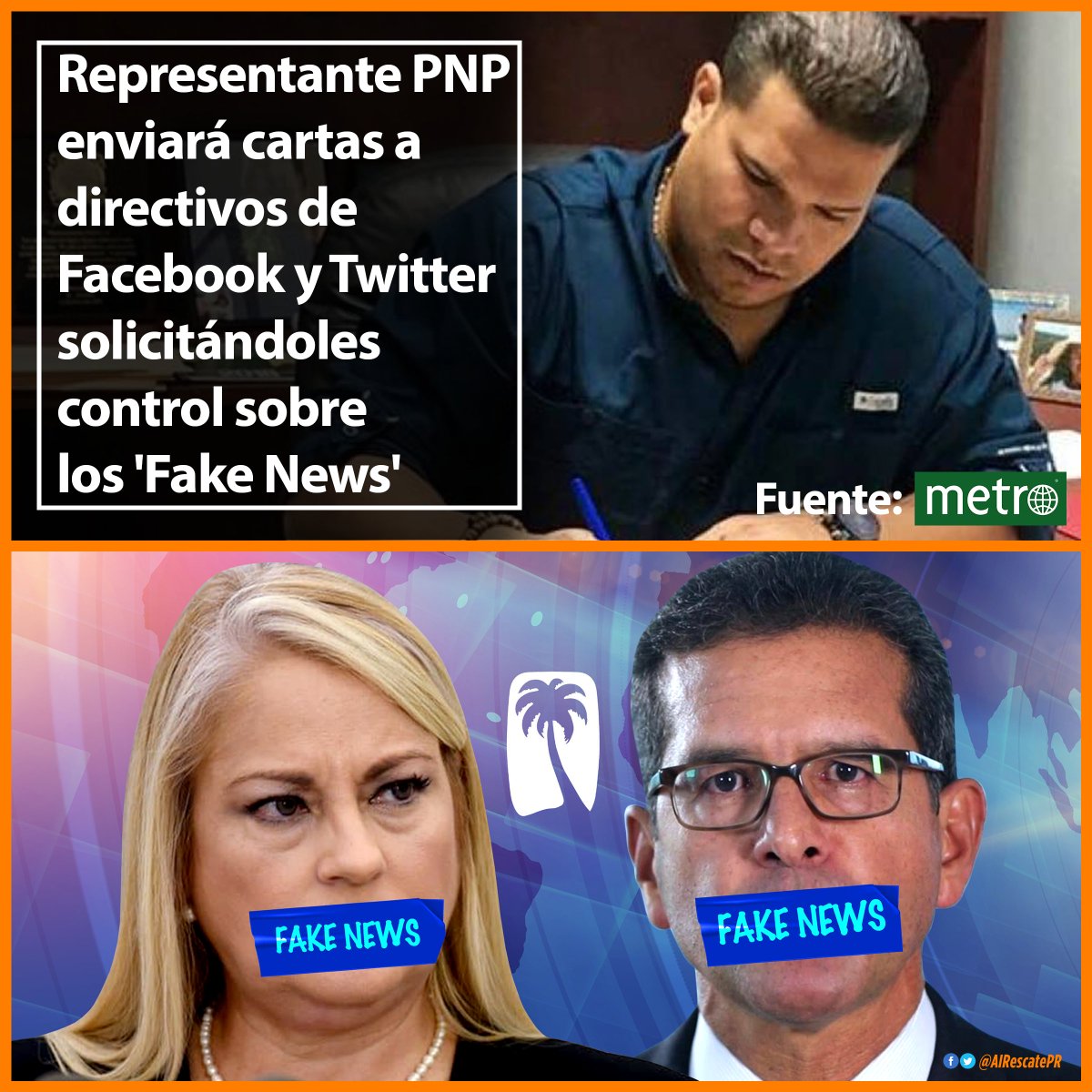 AlRescatePR's tweet photo. Bueno, ya que Memo González sale con la "brillante idea" de enviarle una carta a los directivos de Facebook y Twitter para el control de los "Fake News". (#BuscaPauta) Habría que empezar cerrando las cuentas de Guanda y Pierluisi. #FakeNews #DesordenYCorrupción https://t.co/N059egD8On