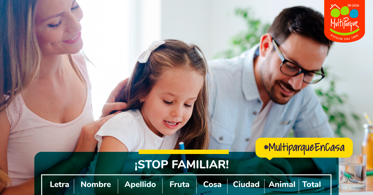 Te tenemos el plan para toda la familia. Con ayuda de papel y lápiz, haz una tabla con los items que te mostramos en la imagen. El primer jugador que termine debe gritar ¡Stop! Todos deben dejar de escribir. #MultiparqueEnCasa 
#QuedateEnCasa