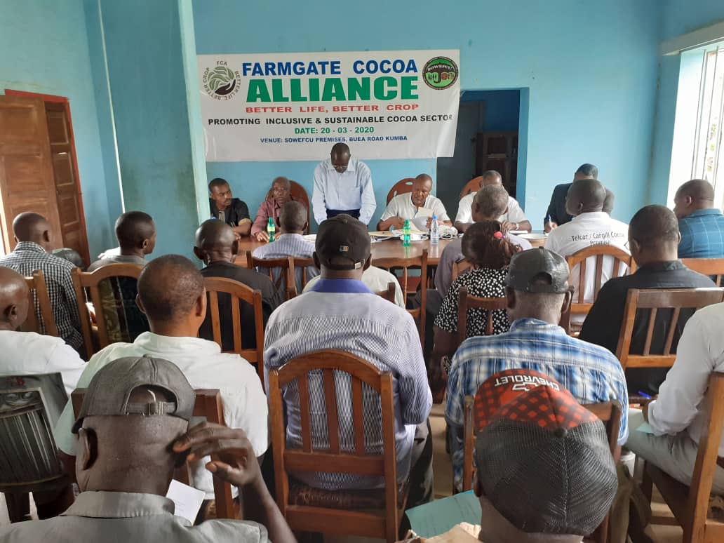 CocoaAlliance's tweet photo. On 20/3/20 FCA organized a meeting that brought leaders of more than 26 cooperatives in Kumba, Cameroon, to sensitize them how their members can benefit from cocoa entrepreneurship &amp; the need for public/private partnership to eradicate poverty, end deforestation in cocoa farming. https://t.co/UKs0nCTCSN