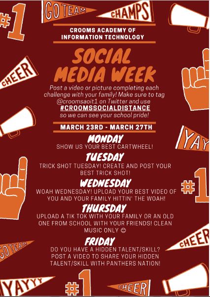 We are missing our Croomies!  Along with the other SCPS high schools, we are hoping you will participate in Social Media Week! #croomssocialdistance