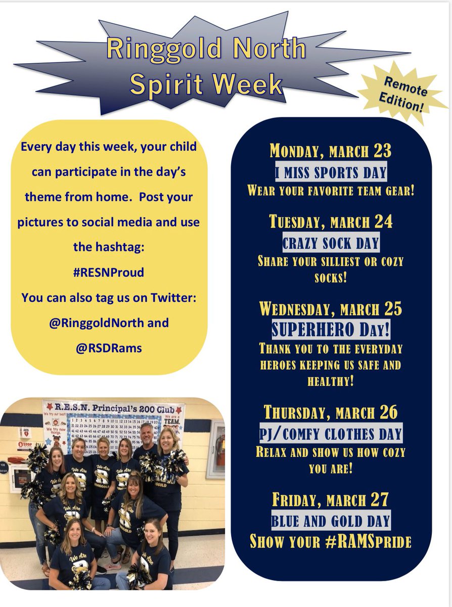 megant830's tweet photo. RESN!!! Please join us this week for our spirit week! Don’t forget to take pictures and share them with us! Miss everyone! #room414 https://t.co/oGezhLnPL7