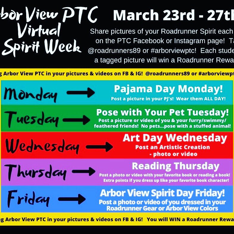 arborviewptc's tweet photo. Ok Roadrunners...show us your Arbor View Spirit...Virtual Style. A Roadrunner Reward for all participants! Don't forget to include it on Instagram, Twitter and the Arbor View Twitter page! #elearning #schoolsoutforcorona #ptc #empower89 #arborviewschool https://t.co/PyQ5jgCNAR