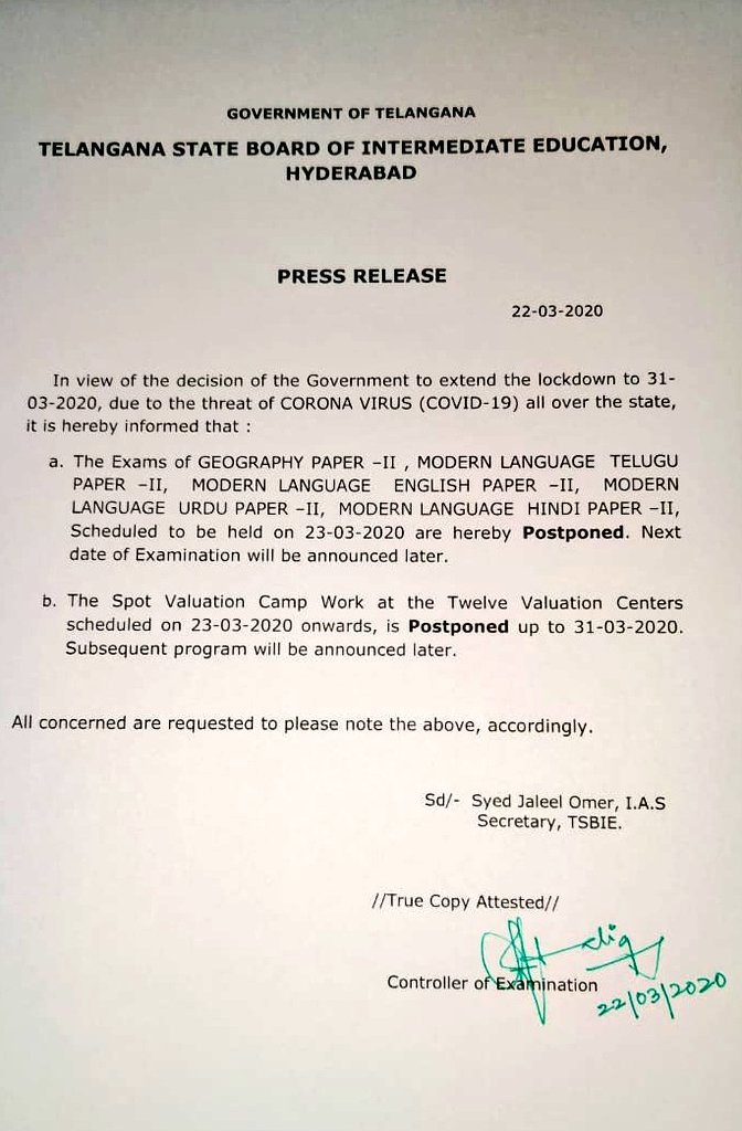 In view of the decision of the govt to extend the lockdown to 31-03-2020, due to #coronavirus, it is here by informed that the following exams listed below, scheduled to be held on 23.03.2020 are hereby postponed. Next date of the examination will be announced later.