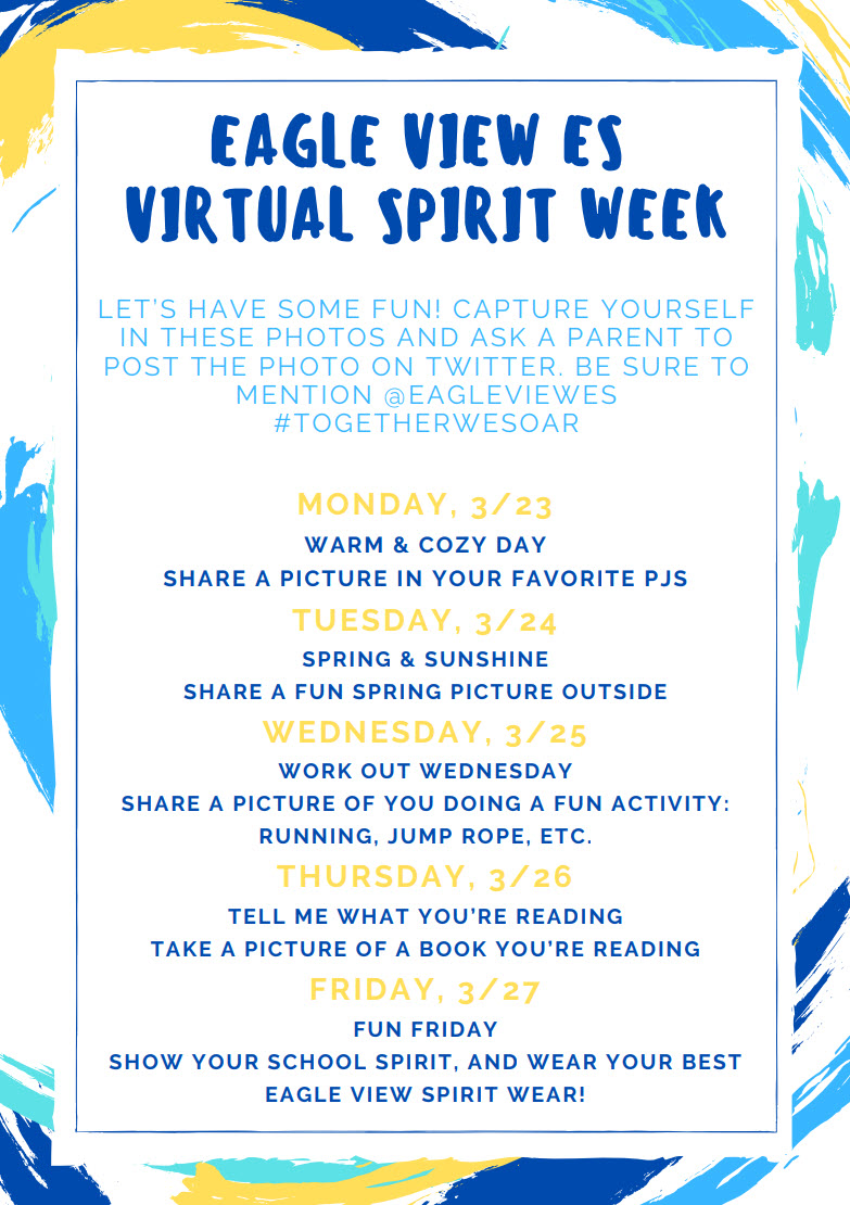 Join <a href="/EagleViewES/">Eagle View Elementary School</a> for a Virtual Spirit Week starting tomorrow! Check out the schedule below. #togetherwesoar