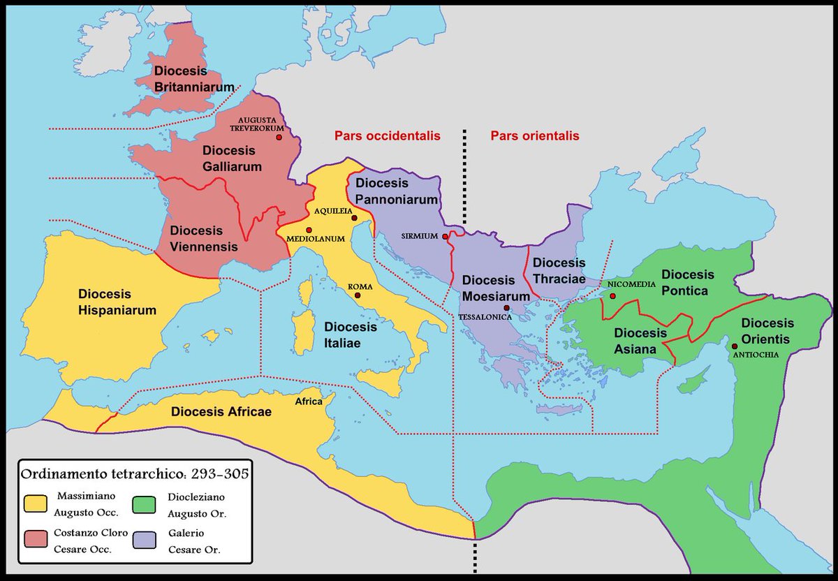 AncientsHH's tweet image. The Tetrarchy was a period when the Roman Empire was split between four rulers, two senior &quot;Augustus&apos; &quot; and two junior &quot;Caesar&apos;s&quot;. Established by Diocletian to manage ruling such a vast territory - it lasted until civil war saw Constantine emerge victorious as the sole Emperor.