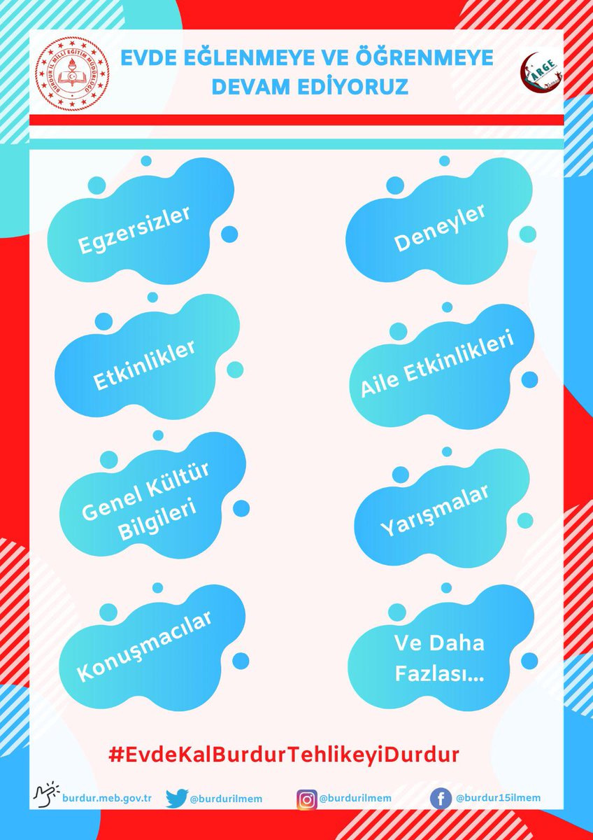 BurdurilMEM's tweet photo. #EvdeKalBurdurTehlikeyiDurdur 
İl Milli Eğitim Müdürlüğü olarak evde kalınan süre zarfında öğrencilerimiz ve velilerimizin zamanlarını dolu dolu geçirmeleri için gün gün etkinlik planladık. @tcmeb @ziyaselcuk @adnanboyaci @meb_ailesi2023 @Burdurvalilik @hasansildak @emrecay55 https://t.co/HpCnicSDoo
