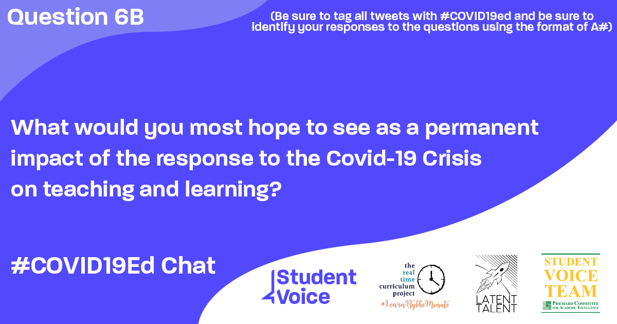 LTAccelerator's tweet image. Q6B: What would you most hope to see as a permanent impact of the response to the Covid-19 Crisis on teaching and learning? #COVID19ed