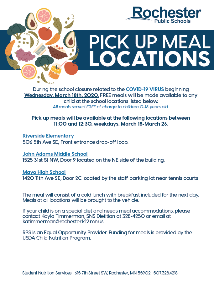 RPS535's tweet photo. Help spread the word - RPS has 2 meal service programs tomorrow (3/23) - Thursday (3/26). Grab &amp; Go, plus Walk/Drive-Up. More info: https://t.co/L6mwQfQwd3 #rochmn We're still hoping to provide meal services over spring break (3/30-4/3). We'll update later this week! https://t.co/LH90BuVM2a