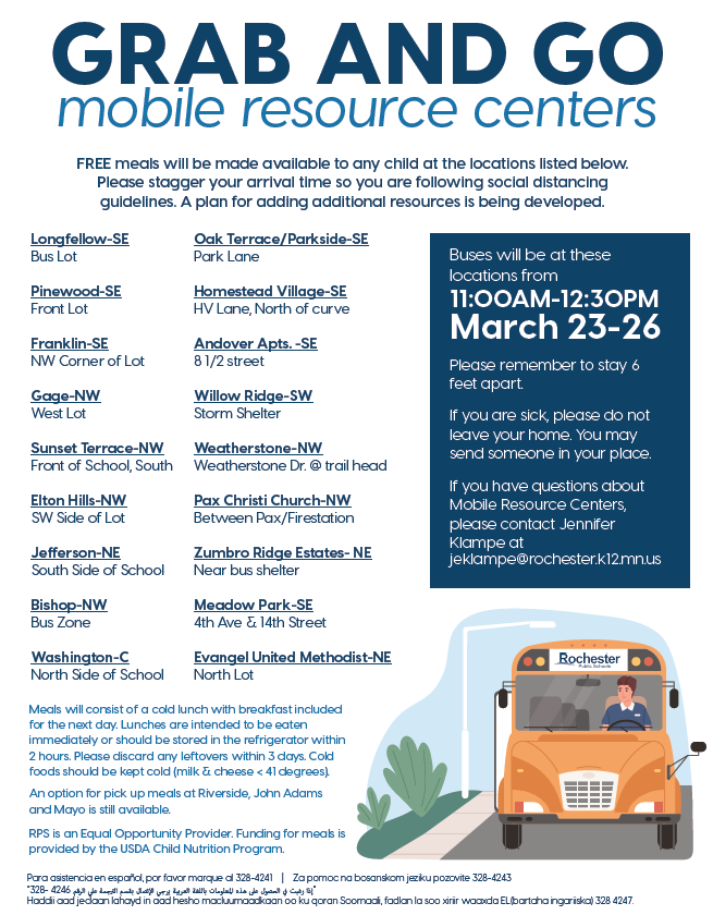 RPS535's tweet photo. Help spread the word - RPS has 2 meal service programs tomorrow (3/23) - Thursday (3/26). Grab &amp; Go, plus Walk/Drive-Up. More info: https://t.co/L6mwQfQwd3 #rochmn We're still hoping to provide meal services over spring break (3/30-4/3). We'll update later this week! https://t.co/LH90BuVM2a