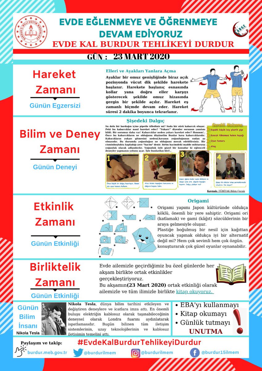 emrecay55's tweet photo. Günlük Programımızı her akşam saat ⏰ 20.00 de yayınlayacağız.
Takip etmenizi ve desteklerinizle sürece dahil olmanızı temenni ederim.
#EvdeKalBurdurTehlikeyiDurdur
#EvdeeğleniyorumEvdeöğreniyorum
#uzaklaştıkçayakınlaşıyoruz 
@tcmeb @ziyaselcuk @safran1958 @hmzaydg @adnanboyaci https://t.co/WldUm9zBV7