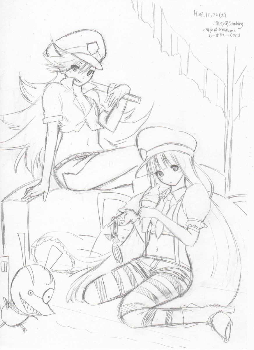 深夜のラクガキ。PC整理してたら8年前くらいに描いてたラフが出てきて…懐かしくなってリメイクしてみた系のやつ!ちょこっと古いですが、2010年秋アニメ「Panty&amp;Stocking」よりパンティとストッキング ※2枚目がリメイク元 