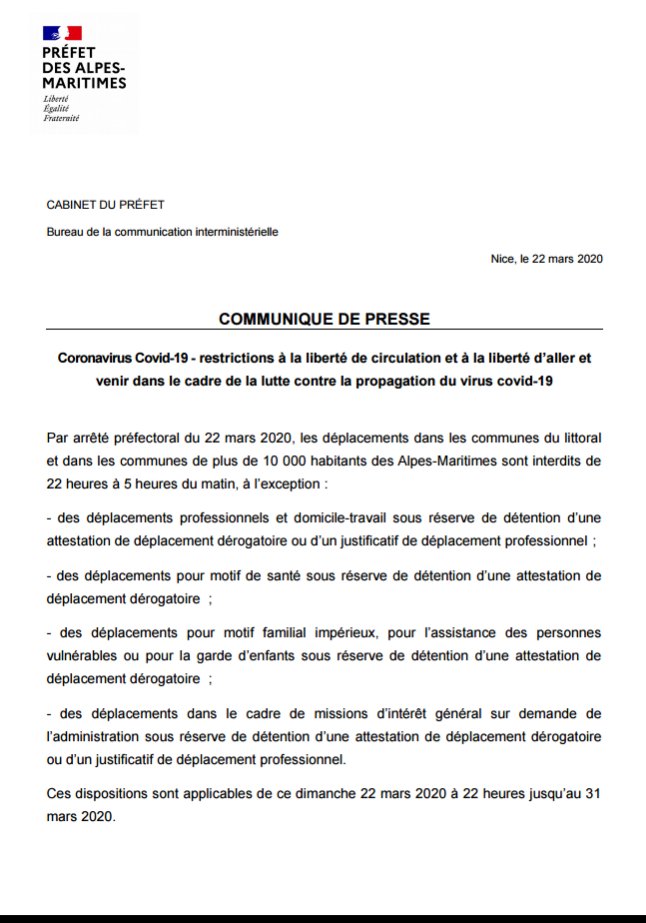 prefet06's tweet photo. #coronavirus 
⚠️⛔ À partir de ce soir, restriction des déplacements de 22h à 5h ; sont concernées : les communes de plus de 10 000 habitants et les communes du littoral de moins de 10 000 habitants dans les #AlpesMaritimes.
Plus de précisions dans le communiqué de presse 🔽 https://t.co/CP6Ra6ZeX6