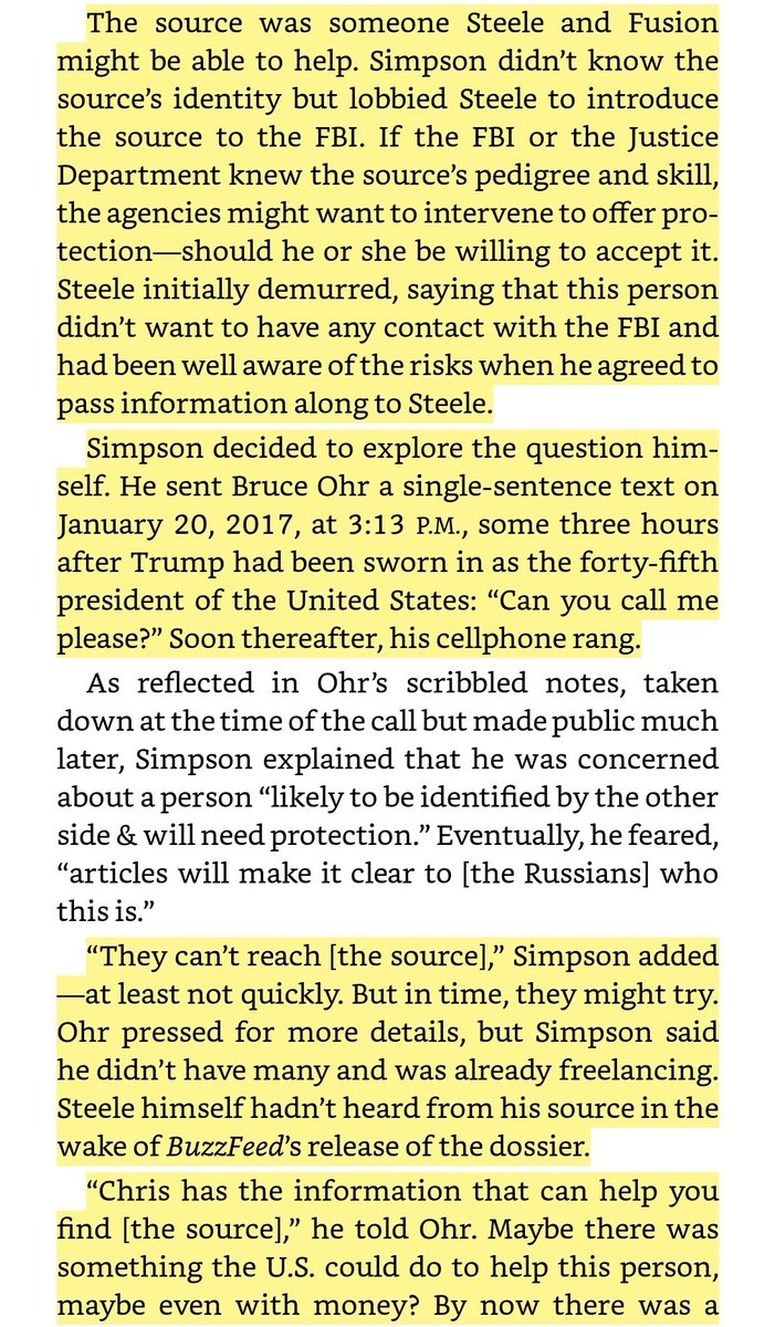 15/ Simpson: Steele "hadn’t heard from his source in the wake of BuzzFeed’s release of the dossier", "but he’d finally heard from his source via a message on social media, and the person was “alive and well"". This was Jan. 21st, were they unaware of the Jan. 13th PSS interview?