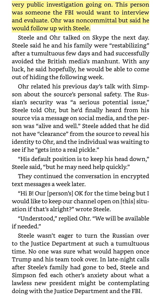 15/ Simpson: Steele "hadn’t heard from his source in the wake of BuzzFeed’s release of the dossier", "but he’d finally heard from his source via a message on social media, and the person was “alive and well"". This was Jan. 21st, were they unaware of the Jan. 13th PSS interview?