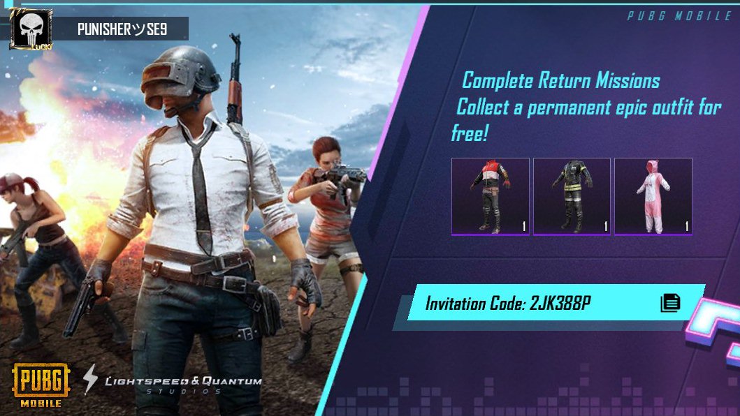 Complete PUBG MOBILE Return Missions! Collect a permanent epic outfit for free! My invitation code: 2JK388P ig-url.igamecj.com/D7g30KpNG3AA
