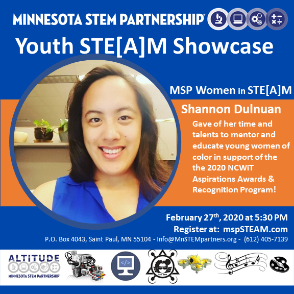 MnSTEMpartners's tweet image. In celebration of #WomensHistoryMonth we would like to recognize Shannon Dulnaun of @Tennant Company for  volunteering at the Youth STEAM Showcase event! @NCWIT @bwise_bwiseusa @NSBE  #urbanrobotics #urbancoding #urbandrones #mnstempartners
#STEM #STEAM #engineer