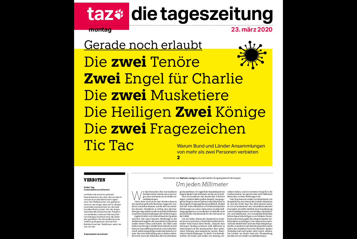 weitblickend_es's tweet photo. Puh! Hätte noch viel schlimmer kommen können. #tazeins zum #Kontaktverbot von Bund und Ländern #COVIDー19 #ausgangsbeschraenkung @tazgezwitscher @BarbaraJunge https://t.co/RdeMgFc656