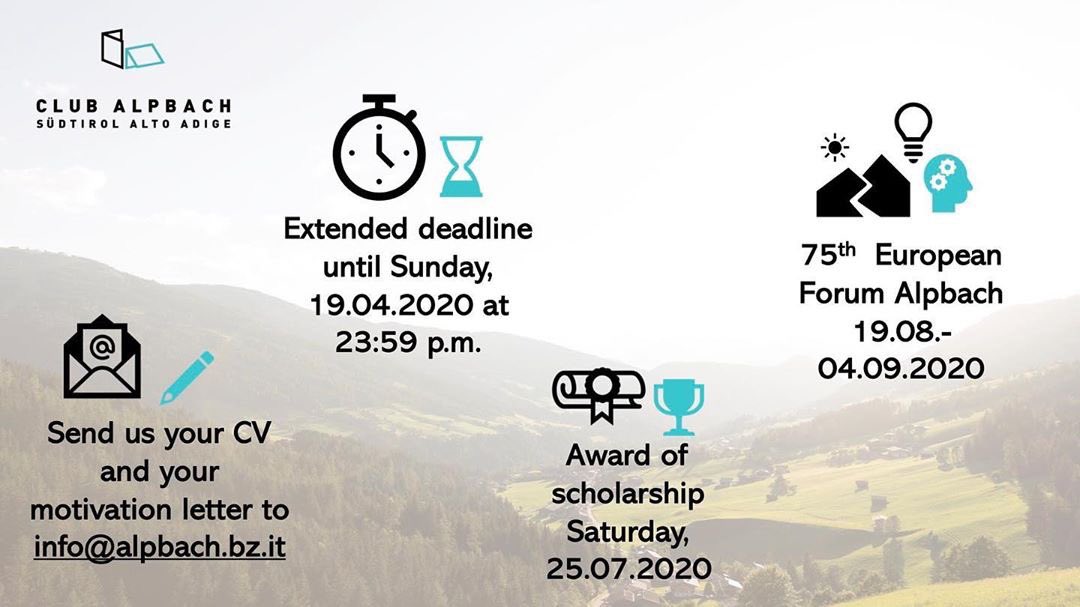 ❗️We are back on Twitter and proud to announce the extension of the application deadline for your Alpbach-Scholarship❗️Sunday,19.04.2020 (23:59 p.m.)❗️#efa2020 #europeanforumalpbach