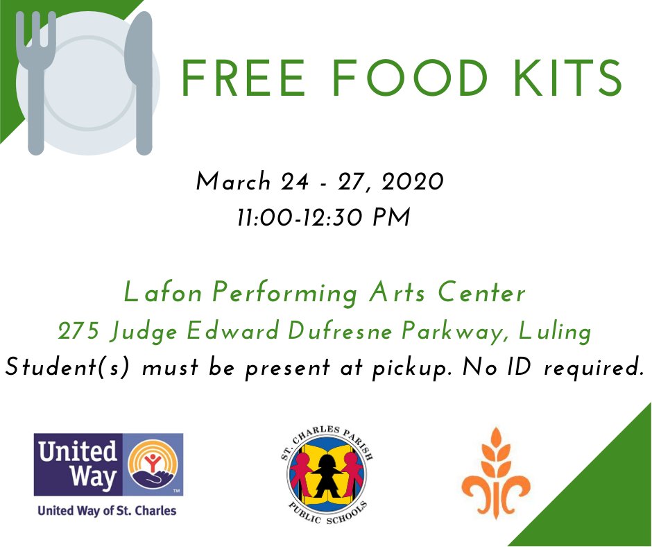 SCPPS (@scpps) on Twitter photo ❗️NEW INFO: 🍽️Meal kits will be available for students Tues., March 24, through Fri., March 27 from 11:00 AM–12:30 PM at the <a href="/LafonArtsCenter/">Lafon Arts Center</a>. A limited number of these meal kits that contain two breakfast items, one lunch and one snack will be available via curbside drive-up. ❗️NEW INFO: 🍽️Meal kits will be available for students Tues., March 24, through Fri., March 27 from 11:00 AM–12:30 PM at the <a href="/LafonArtsCenter/">Lafon Arts Center</a>. A limited number of these meal kits that contain two breakfast items, one lunch and one snack will be available via curbside drive-up.