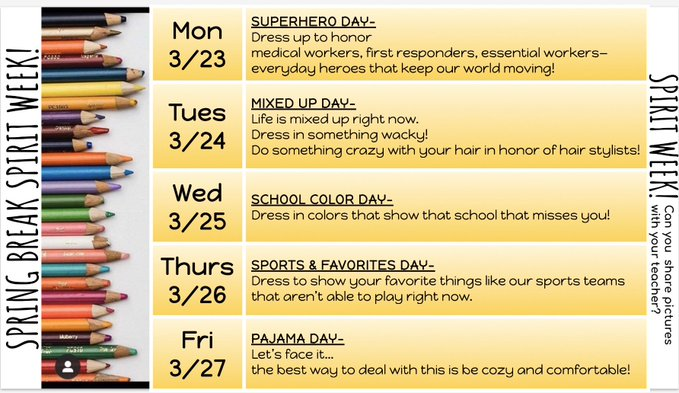 eaglessoar71's tweet photo. Spring Break Virtual Spirit Week! https://t.co/PSZdMVmMwa