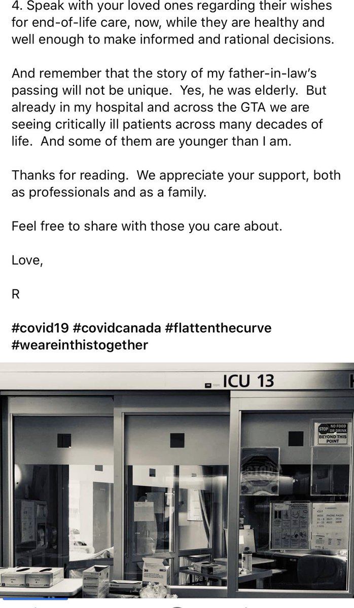 Toronto’s first death from #COVID19. A 70 year old man. His daughter a Respirologist, and son in law an ER doctor - this is his message to us.