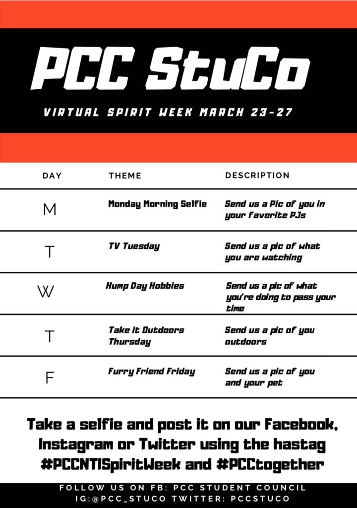 PccStuco's tweet photo. PCC STUDENTS 🔴⚫️⚪️
Make sure you use both hashtags; #PCCNTISpiritWeek and #PCCTogether https://t.co/qJPLBUX2db