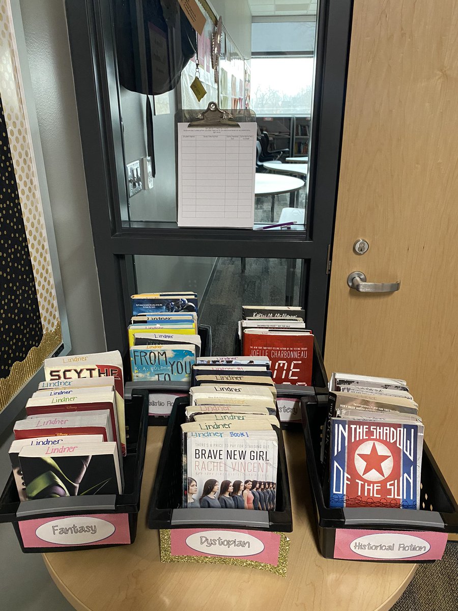 MsLindner6's tweet image. If you are going to the middle school Tuesday and didn’t bring any books home- I pulled some books for you to check out so you’ll have something to read! Located right outside my classroom. Just make sure to sign it out 😊