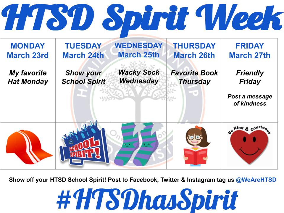 ScottRRocco's tweet photo. Hey HTSD don't forget we have spirit week starting tomorrow (Monday, 3/23)... join in and show us your spirit and use the hashtag #HTSDhasSpirit https://t.co/0oXfAmITrr