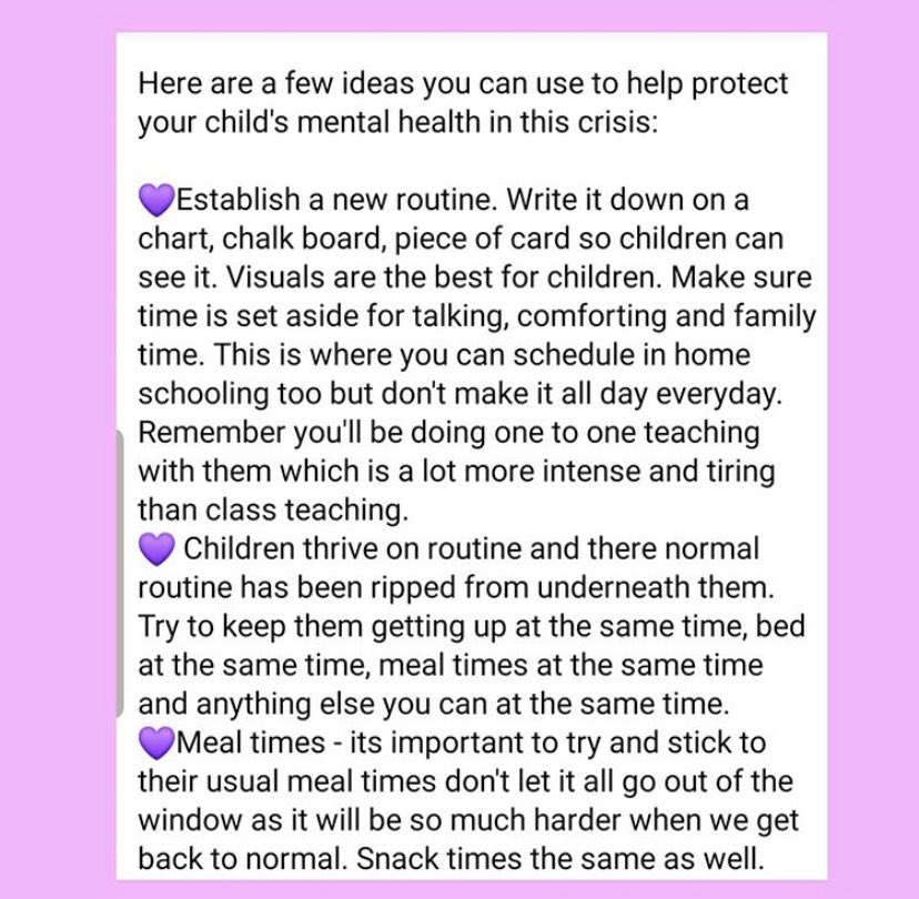 NorthFinds's tweet photo. message from @PetraWi10213271 

Great tips on mental health based activities. Please make sure your child is feeling ok with schools being closed, kids having to isolate and not really to go out apart from in their garden or essential travel, it’s a lot of change for one. #CV19 https://t.co/y5iVfwjQmd