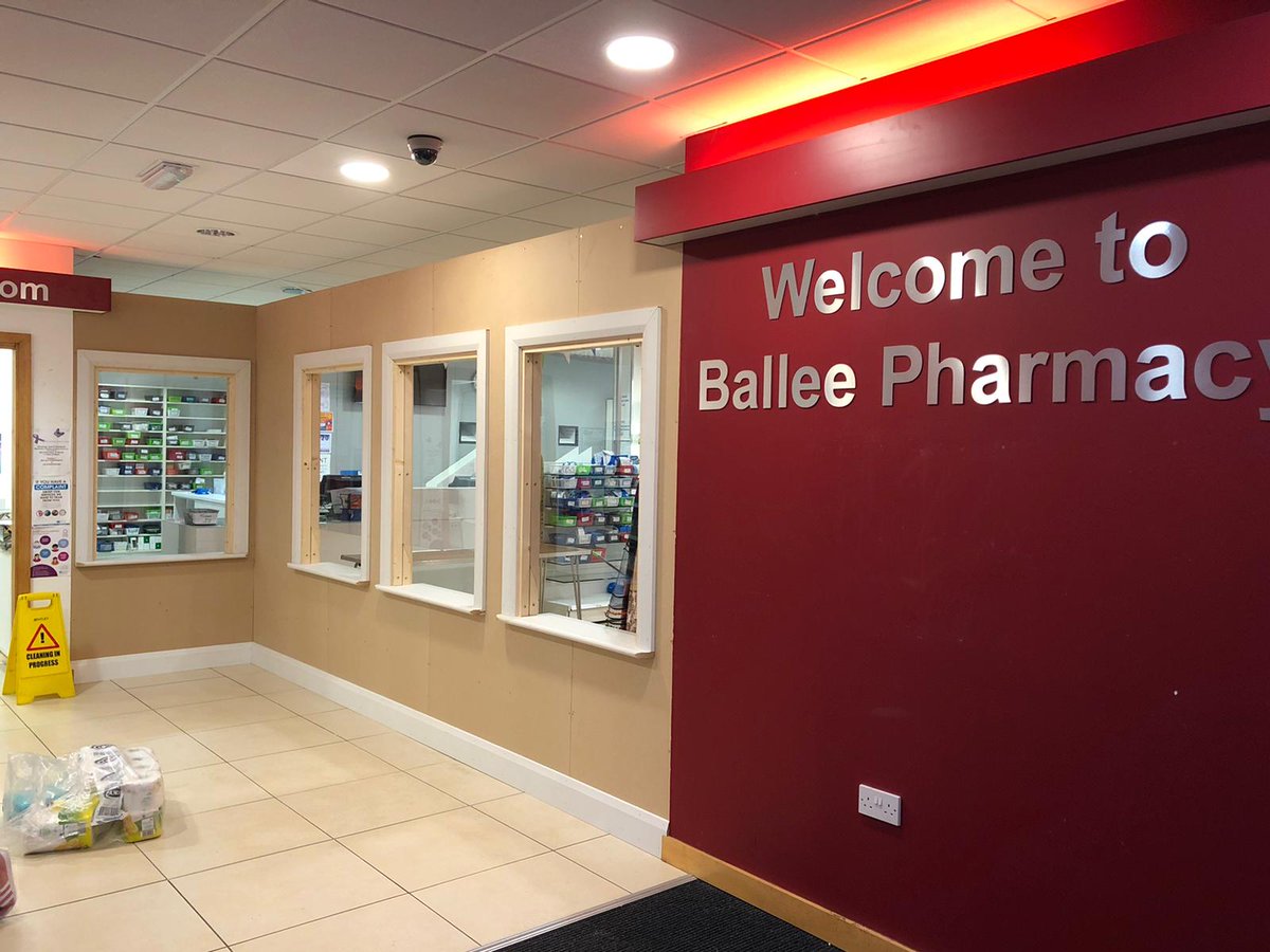 BalleePharmacy's tweet photo. A few modifications to Ballee Pharmacy, thank you to Tony &amp; Willy from Farquhar Brothers for a big days work on St Patricks day. We are trying to take the necessary steps to protect our patients, many of whom are vulnerable at risk. We apologise for any delay.
#bepatientbekind https://t.co/Ue18NNVDDc