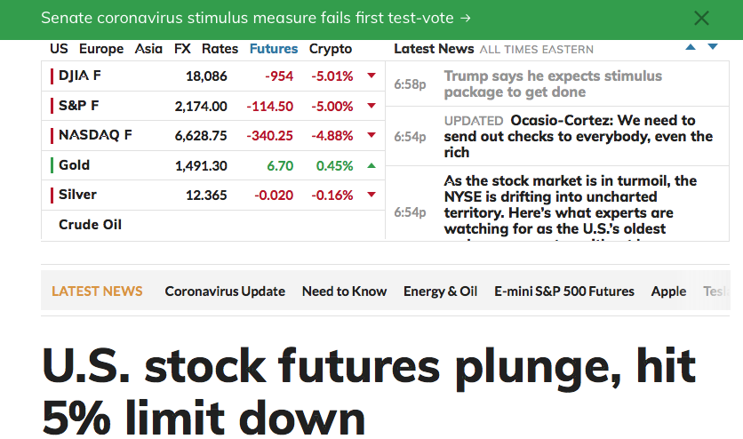 AltYelloNatPark's tweet photo. Trump opens mouth, futures markets tank and are closed for the rest of the session. 

The idiot just doesn't learn 

When congress passes a $2000 a month living wage for all bill, then I predict you'll see a turn around. https://t.co/2XtVHuTVyQ