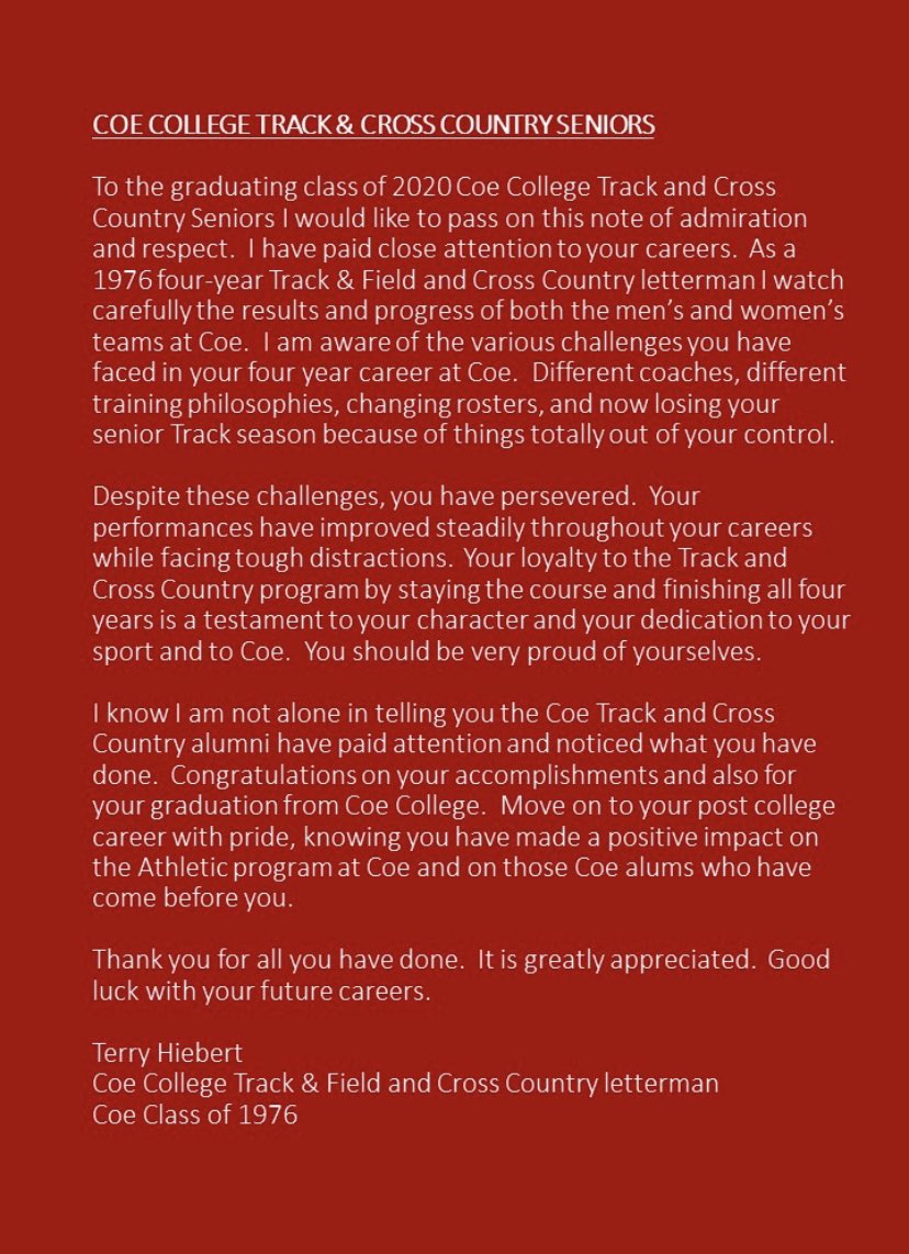 Our alumni continue to send in words of support for our SR class, whose T&amp;F careers were cut short by COVID-19. Thank you Rachel Kelly (Coe ‘19) and Terry Hiebert (Coe ‘76). We are truly blessed to have one of the most supportive alumni bases in the country! #KohawkNation