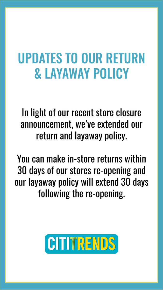 An update to our returns and layaway policy. We hope everyone is staying safe 💞