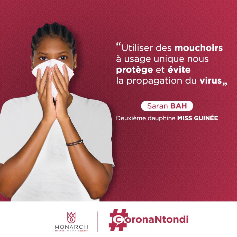 Monarch_GN's tweet photo. Il est plus que temps d’adopter les bons gestes pour éviter le risque de contagion #Covid19Gn

Le challenge #CoronaNtondi continue...

Si toi aussi, tu veux sensibiliser, envoie une photo de qualité avec un t-shirt blanc, prise sur un fond noir ou rouge. Partageons au maximum! https://t.co/GfhyBvXHpk