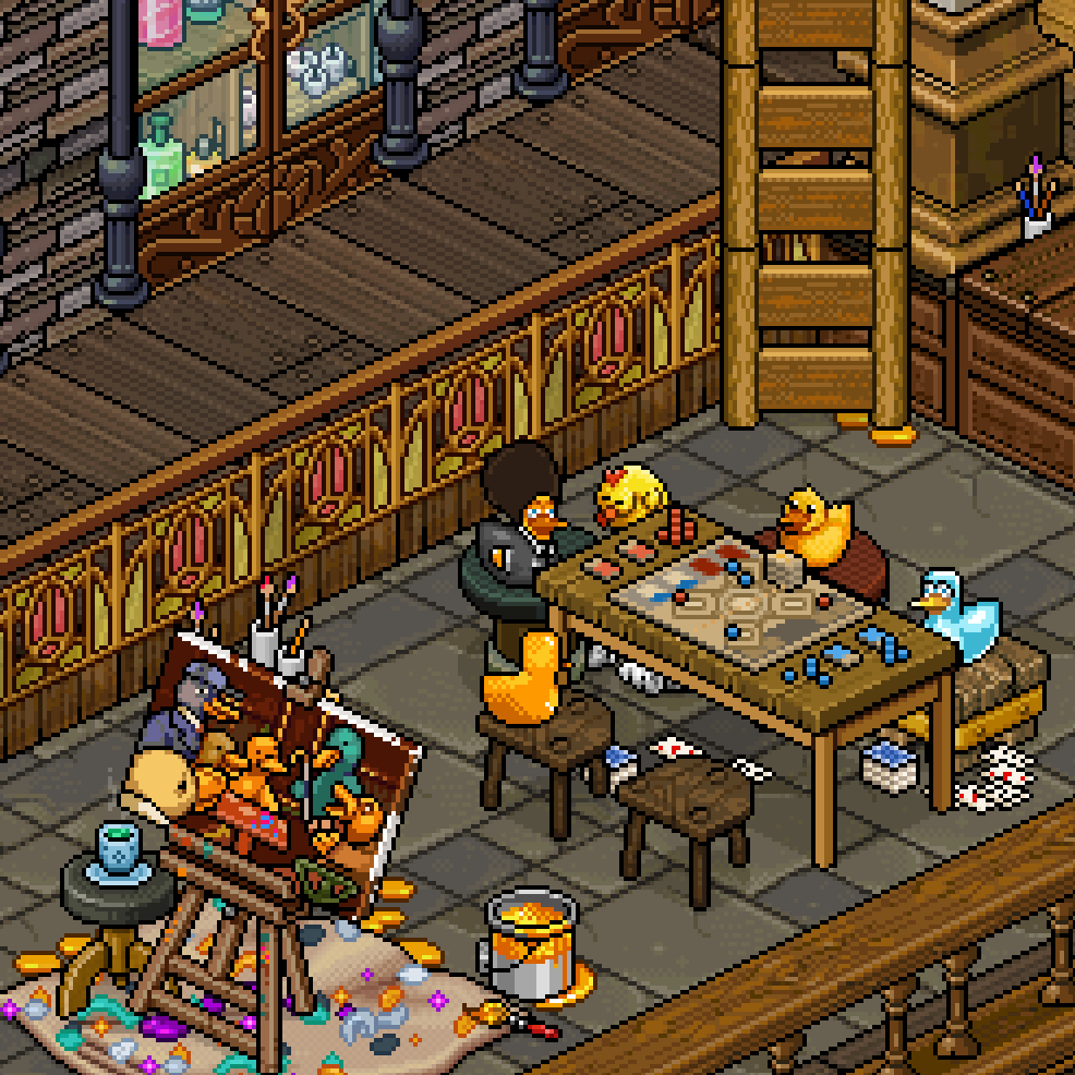 Here's my artist's studio where I've recreated scenes from some of the easels on <a href="/Habbo/">Habbo</a> #Habbostudio

And here's a link to a hi-res image so y'all can zoom in on them details: imgur.com/L3NHgAG

habbo.com/hotel?room=767…