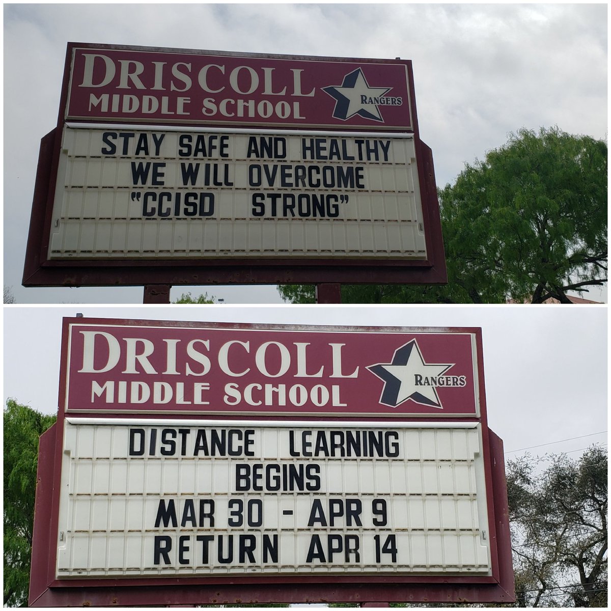 We miss our Driscoll families and students. This week will be packet pickup, will post more information tomorrow afternoon and you will receive an automated call from us tomorrow evening. Be safe Rangers!!