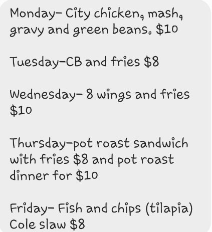 Our specials for the rest of the week. Call for carry out at (419) 502-0241.
