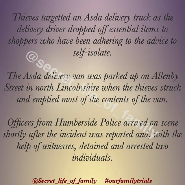 FndPtsd's tweet photo. You couldn’t make this up !! DISGRACEFUL ..... Thieves targetted an Asda delivery truck as the delivery driver dropped off essential items to shoppers who have been adhering to the advice to self-isolate. 
The Asda delivery van was parked up on Allenby S… https://t.co/wU0GUikH23 https://t.co/x8sFgLaalq