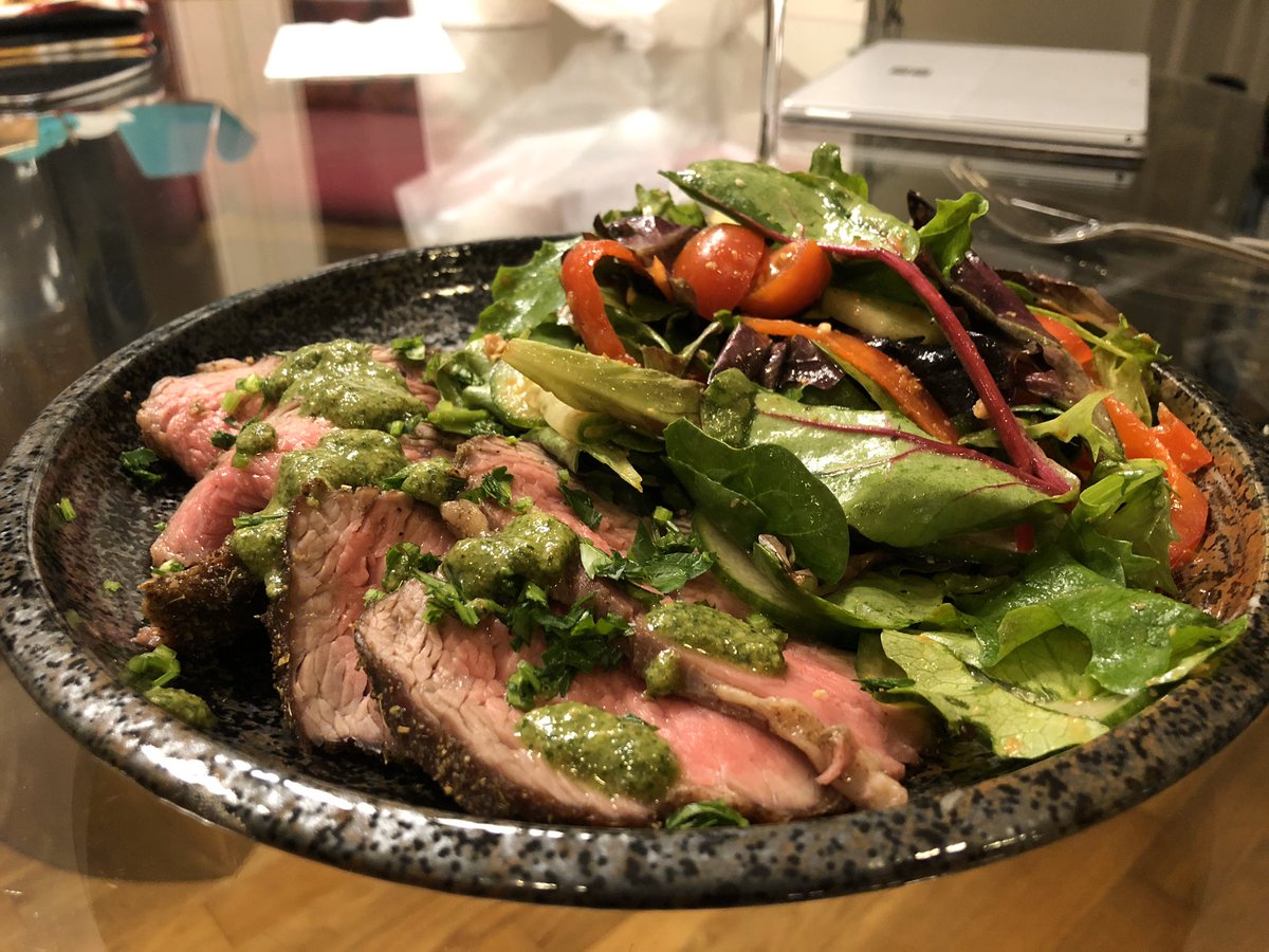 Day 1 (3/17): for lunch I had rice with seaweed and soy sauce, but for dinner hubby cooked so we have sous vide tri tip with salad and basil sauce