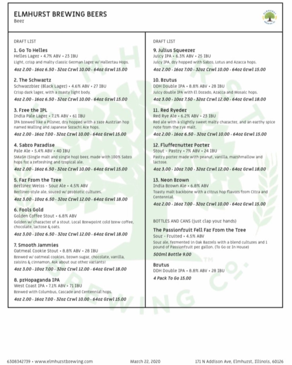 ElmhurstBrewing's tweet photo. Our ENTIRE BEER MENU is available for DELIVERY!  We've got a limited number of Kegs we can fill but Crowlers and Growlers are available! Give us a call at (630) 834-BREW (2739) and well take care you because you've taken care of us through all of this! #ebccommunity #thankyou https://t.co/CjWsBlNQtq