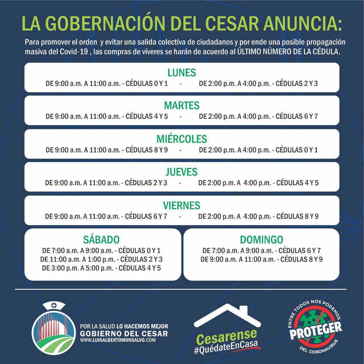 luismonsalvo's tweet photo. #PicoyPlacaparacompradevivieres.  Desde este lunes se le solicita a los ciudadanos realizar compra de víveres de acuerdo con el último número de cédula para evitar concentración masiva  y riesgo de propagación del coronavirus, tal como aparece en esta tabla. https://t.co/03Zx0duzGJ